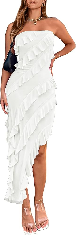 PRETTYGARDEN Women's Summer Long Formal Cocktail Dress Strapless Tube Asymmetrical Ruffle Maxi Bo... | Amazon (US)