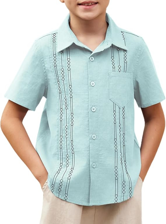 Arshiner Boys Guayabera Shirt Short Sleeve Cotton Linen Button Down Shirt Summer Beach Tops with ... | Amazon (US)