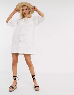 ASOS DESIGN broderie super oversized t-shirt dress in white | ASOS (Global)