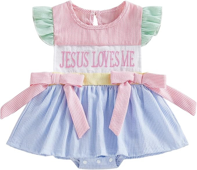 Newborn Baby Girl Easter Outfit Jesus Loves Me Smocked Romper Dress Striped Bow Onesie Sleeveless... | Amazon (US)