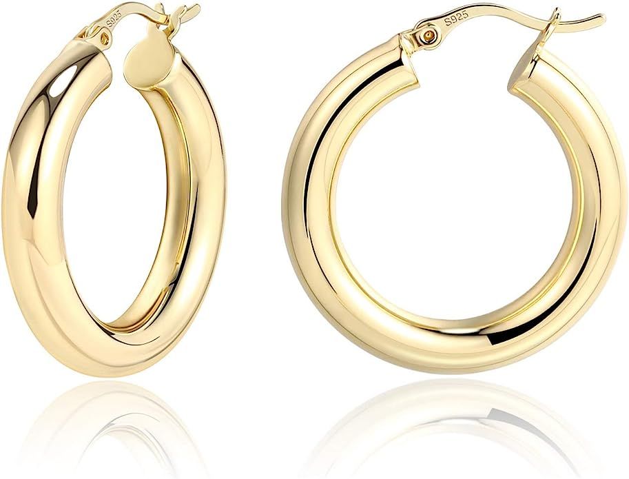 Lightweight Chunky Hoops | 14K Gold Plated Small Thick Hoop Earrings for Women | Amazon (US)