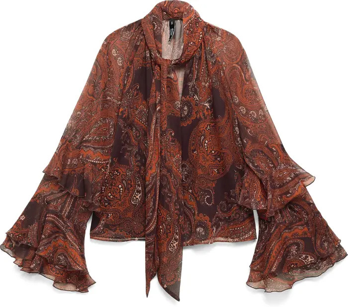 MANGO Jewell Ruffle Sleeve Tie Neck Top | Nordstrom | Nordstrom