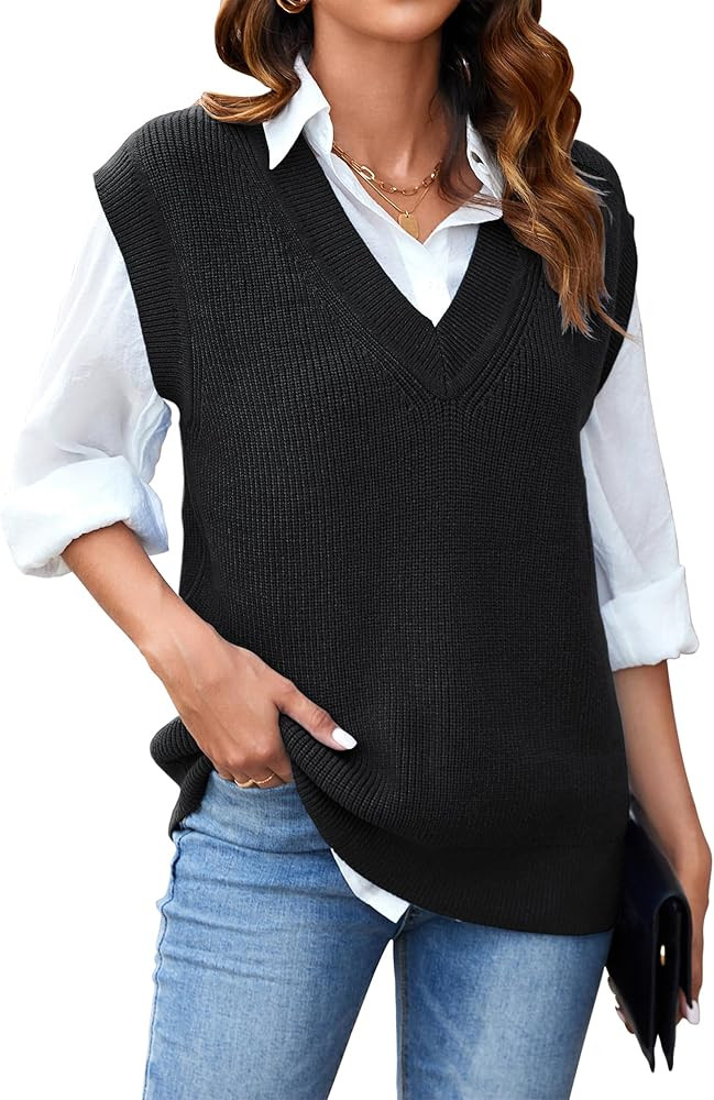 Arach&Cloz Womens Sweater Vest 2024 Fall Winter Knitted V Neck Oversized Casual Cap Sleeve Pullov... | Amazon (US)