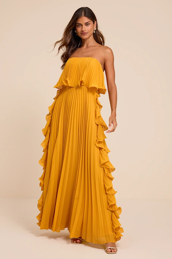 Andri Marigold Yellow Pleated Ruffled Maxi Dress | Lulus