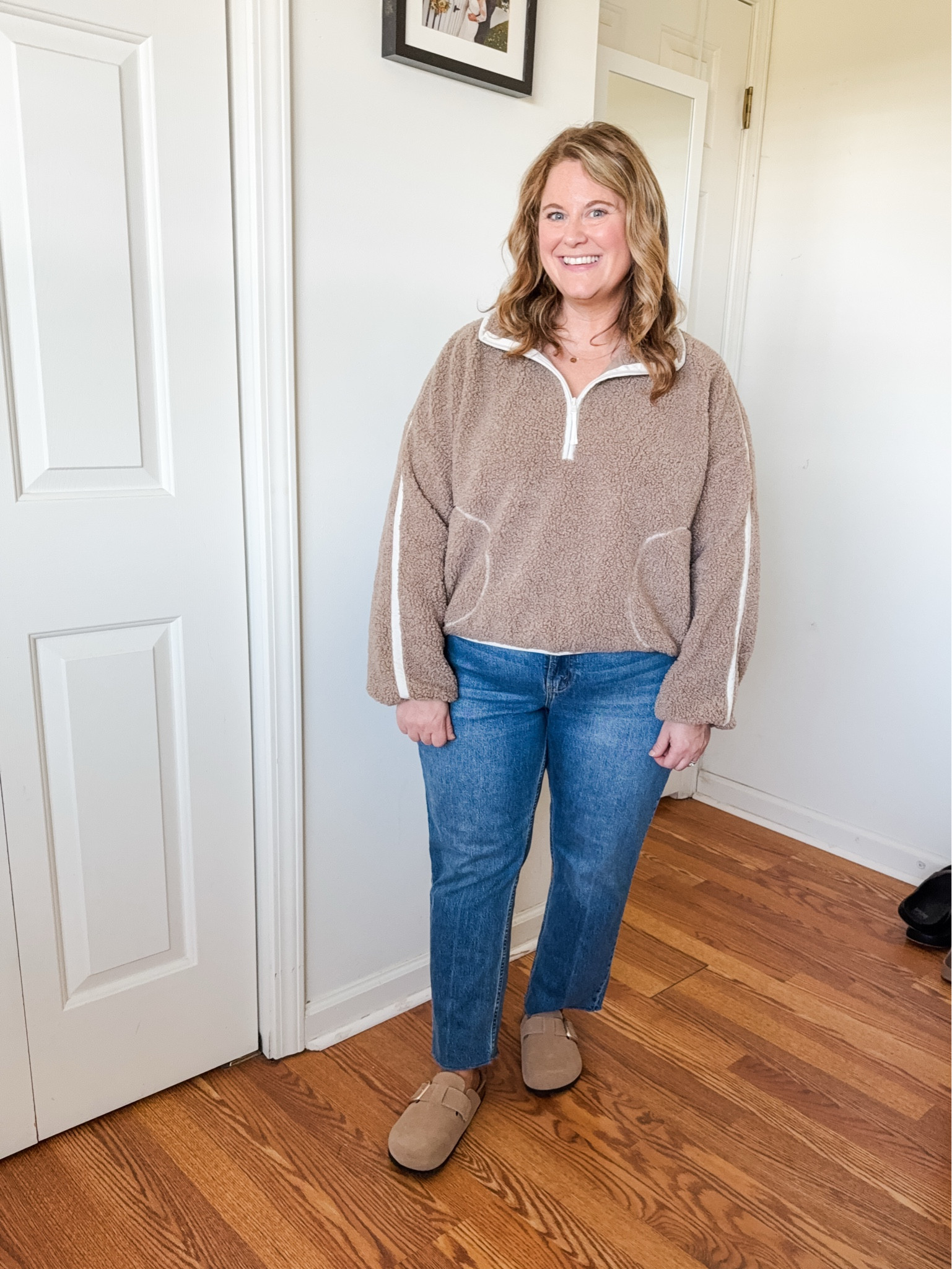 Wearing an XL petite in my Sherpa pullover, 33 short in my jeans, clogs are true to size 

#LTKMidsize #LTKSeasonal #LTKFallSale
