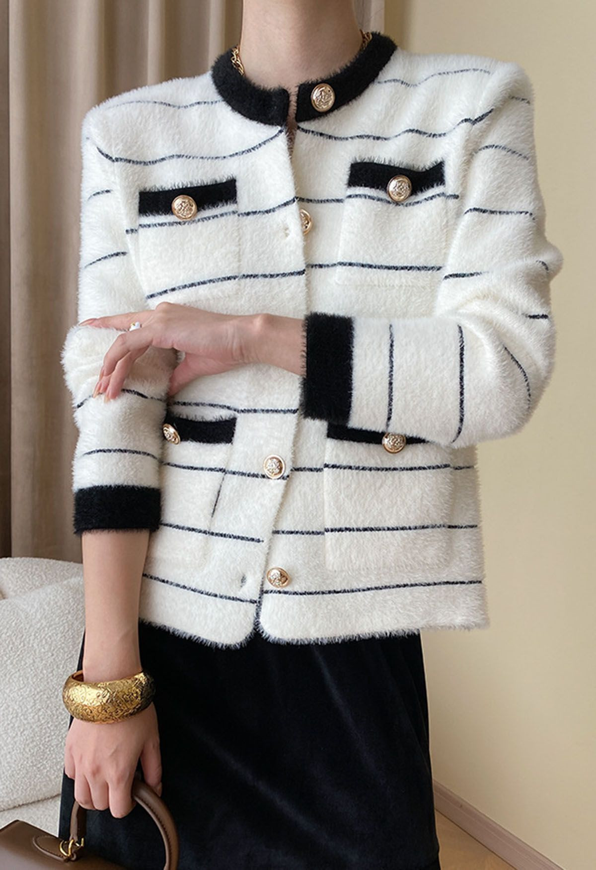 Contrast Striped Patch Pocket Fuzzy Knit Cardigan in White | Chicwish