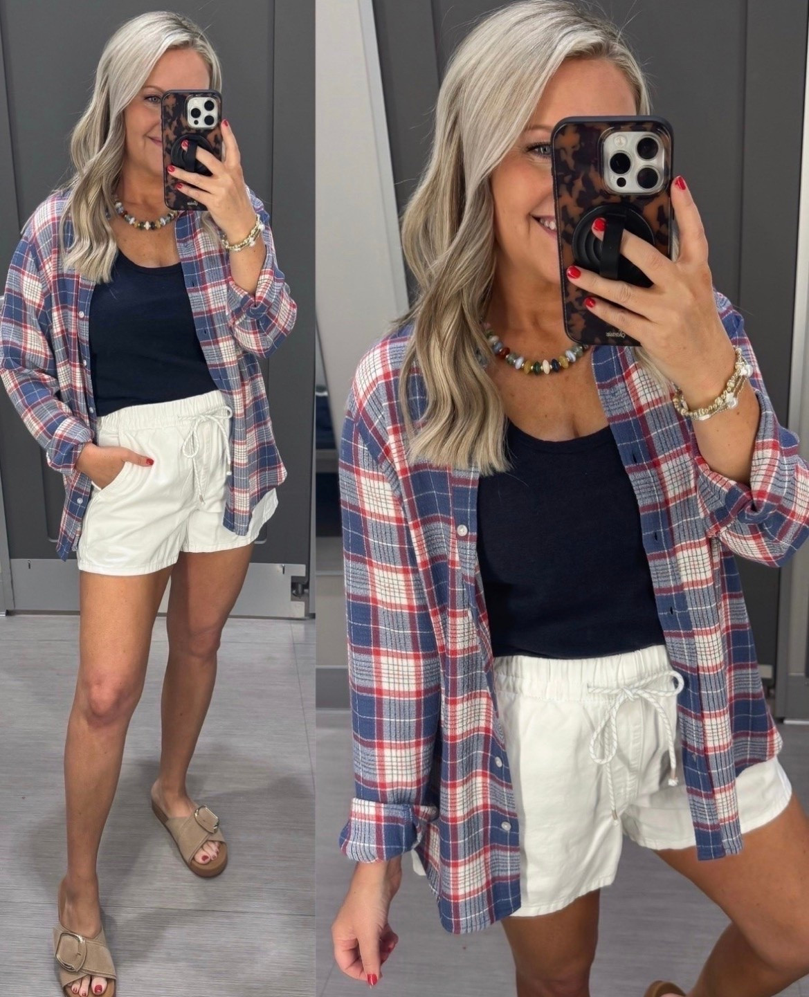 Bestseller! Such a cute casual outfit for summer weekends and Fourth of July plans 🇺🇸 Love the relaxed plaid button down layered over a simple tank with comfy white shorts. This is one of those easy outfits that looks effortlessly put together for errands, cookouts, or vacation days.

plaid button down, casual summer outfit, patriotic outfit idea, Fourth of July outfit, white shorts outfit, layering piece, comfy everyday style, casual mom outfit, summer fashion finds, relaxed weekend look, easy outfit idea, neutral sandals, lovelylifestyling

#LTKTravel #LTKSeasonal #LTKOver40