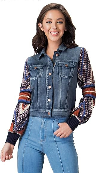 Flying Tomato Women's Boho Sweater Sleeve Denim Jacket | Amazon (US)