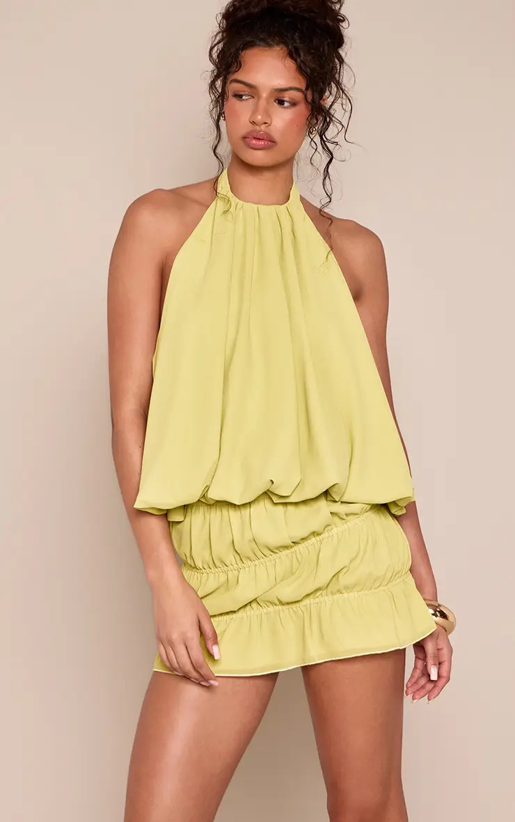 Lime Chiffon Halterneck Top Co-ord | PrettyLittleThing UK
