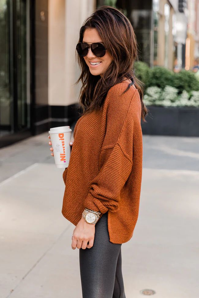 LIVING MY BEST STYLE X PINK LILY Boston College V-Neck Terracotta Sweater | The Pink Lily Boutique