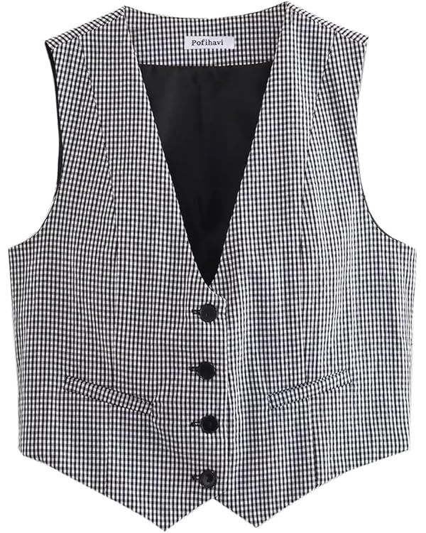 Pofihavi Cropped Suit Vest for Women 2024 Button Up Business Casual Dressy Waistcoat Vest Tops | Amazon (US)