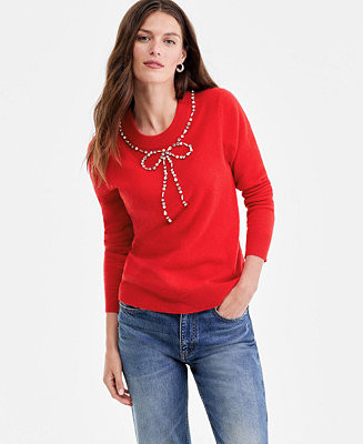 Women's 100% Cashmere Embellished Bow Sweater, Macy's Exclusive | Macy's