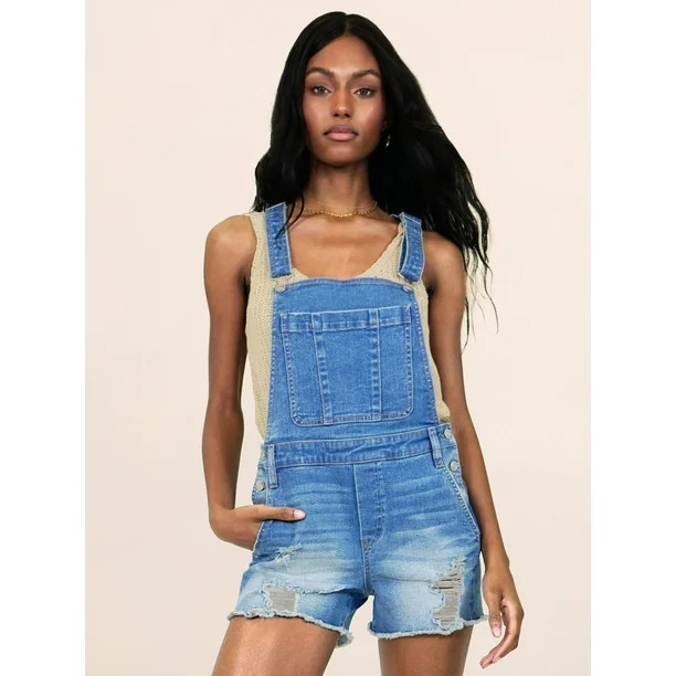 Scoop Women’s Destructed Fray Hem Jean Short Overall | Walmart (US)
