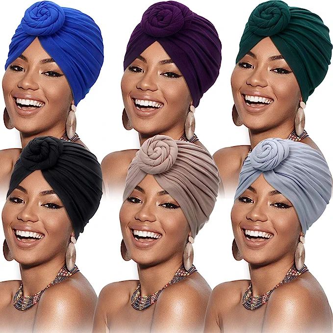 SATINIOR 6 Pieces Women African Turban Flower Knot Pre-Tied Bonnet Beanie Cap Headwrap | Amazon (US)