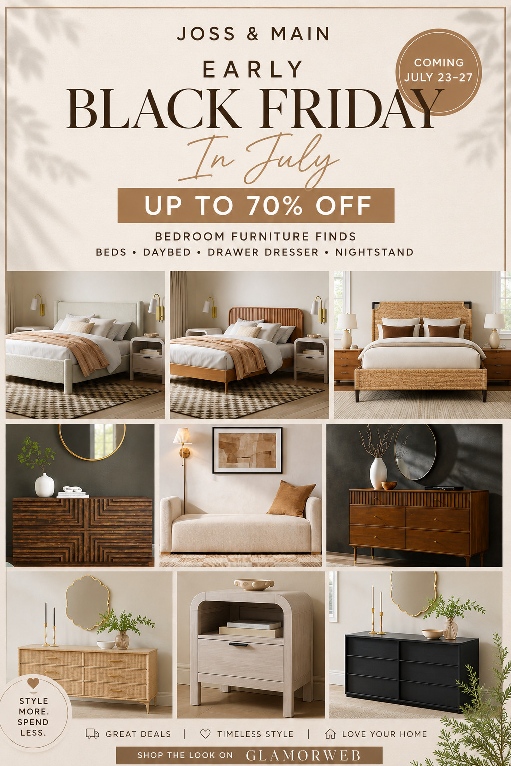 Not me redesigning my entire bedroom after seeing this sale 🤍✨ Joss & Main Black Friday in July (July 23–27) is offering up to 70% off and I can’t get over these finds. From dreamy beds to versatile daybeds, sleek dressers, and the prettiest nightstands — everything feels so curated and high-end 😍 It’s giving calm, cozy, Pinterest-perfect energy without the expensive price tag. Honestly, this is the easiest way to make your space look put together. Don’t wait because the best pieces always sell out first 🛍️
#BlackFridayDeals #JossAndMainFinds #BedroomInspo #LTKHomeInspo #HomeRefresh #CozyBedroom #NeutralHome #FurnitureSale #ModernDecor #BedGoals #NightstandDecor #DresserGoals #DaybedStyle #InteriorGoals #LTKDealsAlert #SaleFinds #AffordableDecor #TrendingHome #DreamBedroom #LTKSale 

 #LTKSeasonal #LTKHome #LTKSaleAlert