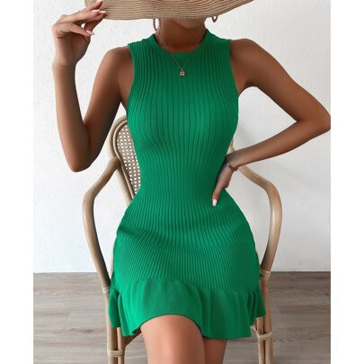 Ruffle Hem Ribbed Knit Sweater Dress Without Belt | SHEIN