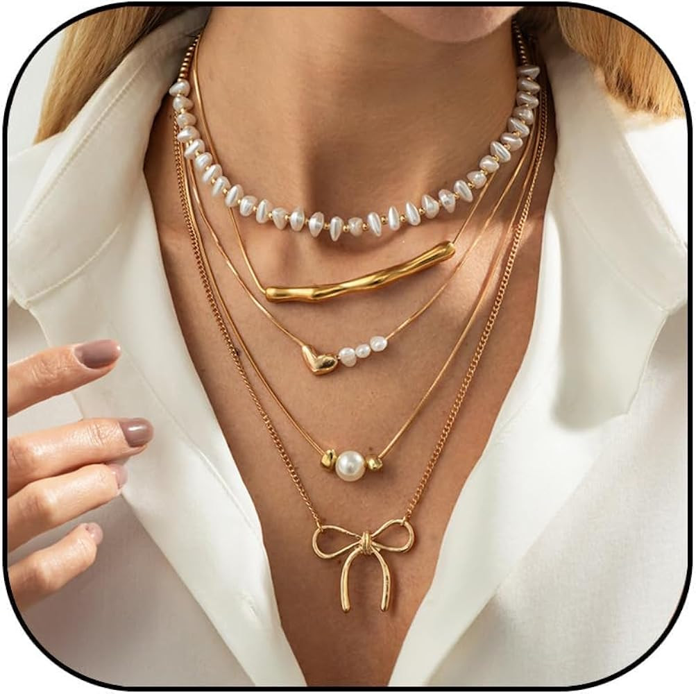 Gold Bow Layered Necklace for Women Non Tarnish Gold Pearl Stackable Layering Necklaces Trendy St... | Amazon (US)