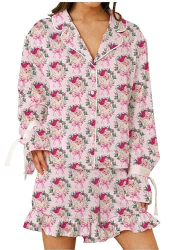 Seyurigaoka Silk Christmas Pajamas Shorts Set for Women Y2k Cute Bow Tie Pjs Button Up Shirt+Shorts 2 Piece Xmas Jammies (C Santa Claus Bow, S) | Amazon (US)