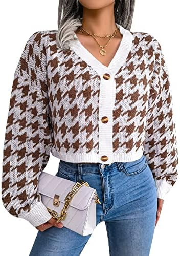 Flygo Women's Y2K Cropped Cardigan Oversized Houndstooth Button Down Knit Sweater | Amazon (US)