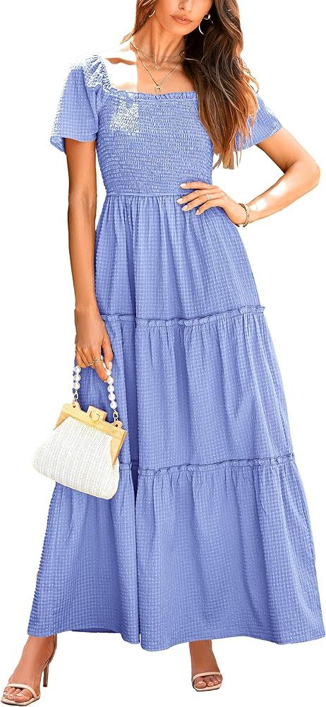 PRETTYGARDEN Women's Summer Maxi Dress Short Sleeve Square Neck Smocked Tiered Ruffle Long Flowy ... | Amazon (US)