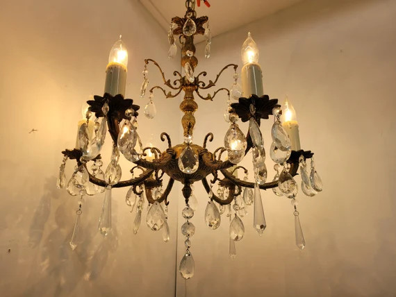 Vintage Brass Antique Glass Crystal 6 Arm Chandelier Hanging | Etsy | Etsy (US)