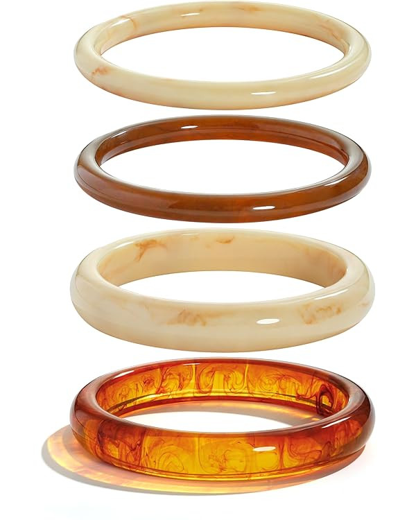 WOWORAMA 4 Pcs Resin Acrylic Bangle Bracelets Set for Women Thin Cream White Acetate Resin Bangle... | Amazon (US)