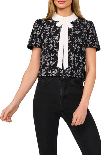 CeCe Floral Embroidered Bow Collar Top in Rich Black at Nordstrom Rack, Size Xx-Small | Nordstrom Rack