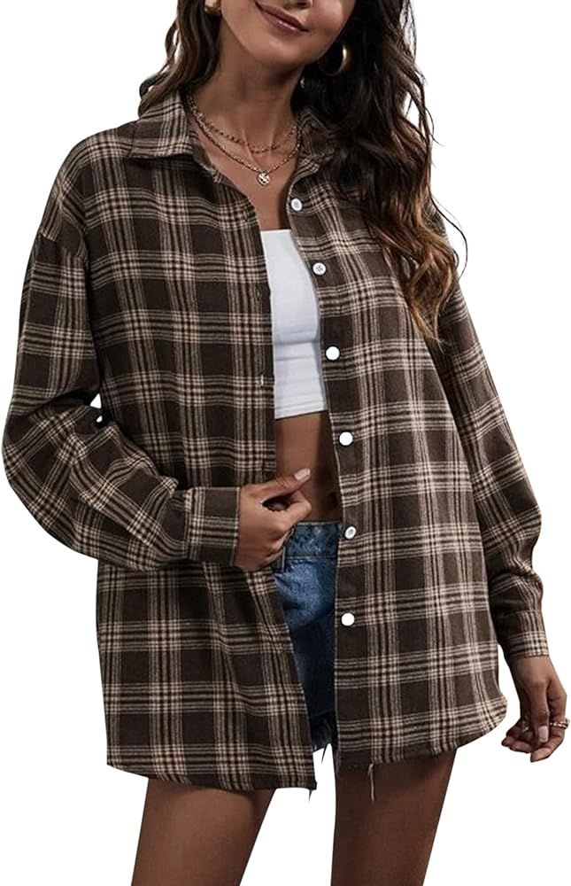 SAFRISIOR Women’s Flannel Plaid Shirts Oversized Batwing-Sleeve Button Down Long Sleeve Collar Shirt | Amazon (US)