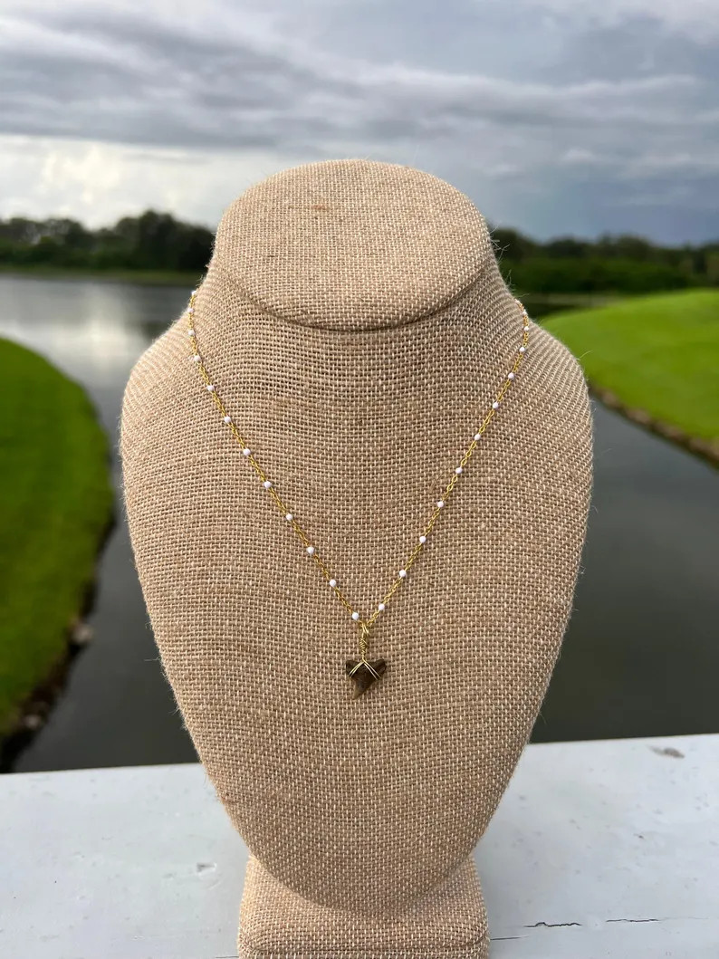 The Stephanie - Popular Dainty Gold Chain Necklace with White Beads and Brown Shark Tooth Pendant... | Etsy (US)