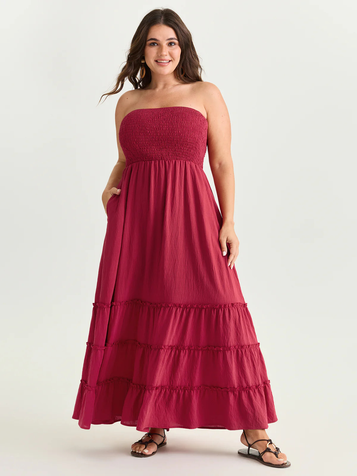 Classic Plain Shirred Bodice Tiered Maxi Dress | Bloomchic