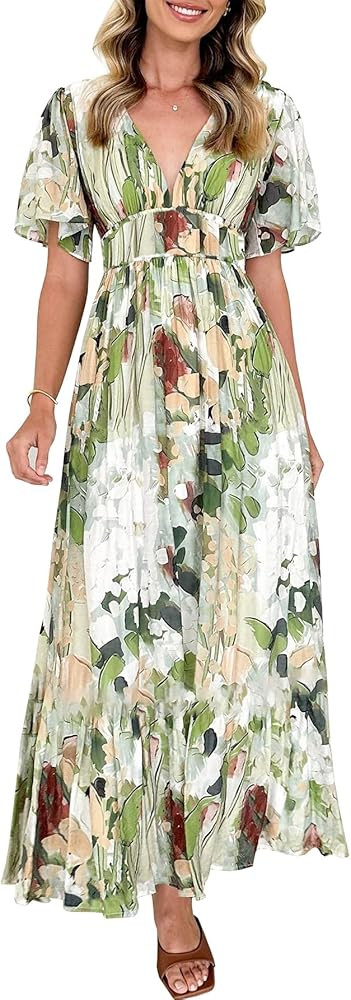 Womens V Neck Flutter Sleeve Boho Midi Dress Summer Wedding Guest Beach Party Long Dresses | Amazon (US)