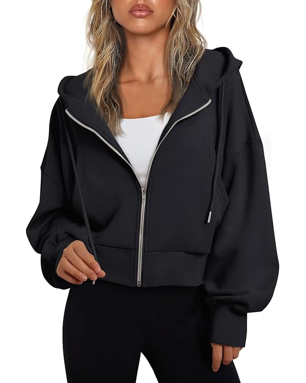 Trendy Queen Hoodies for Women Full Zip Up Cropped Sweatshirts Casual Hooded Pullover Sweaters To... | Amazon (US)