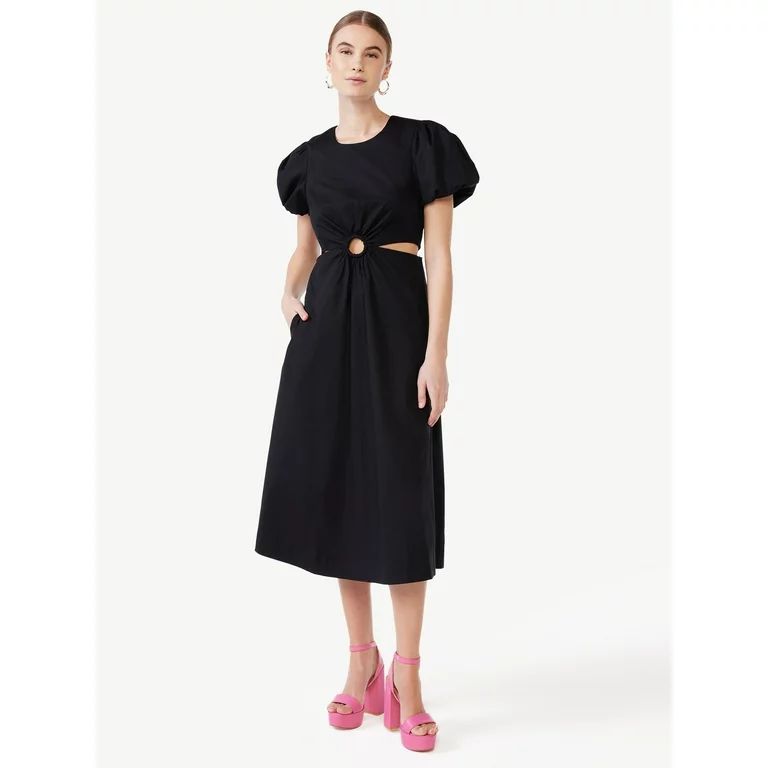 Scoop Women's Cut Out Midi Dress with Puff Sleeves, Sizes XS-XXL - Walmart.com | Walmart (US)
