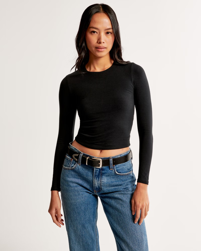 Long-Sleeve Cotton-Blend Seamless Fabric Cropped Tee | Abercrombie & Fitch (US)