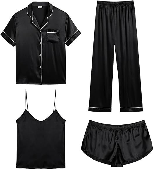 SWOMOG Womens 4pcs Pajamas Sets Silk Satin Sleepwear Sexy Cami with Button Down Short Sleeve Shirt P | Amazon (CA)