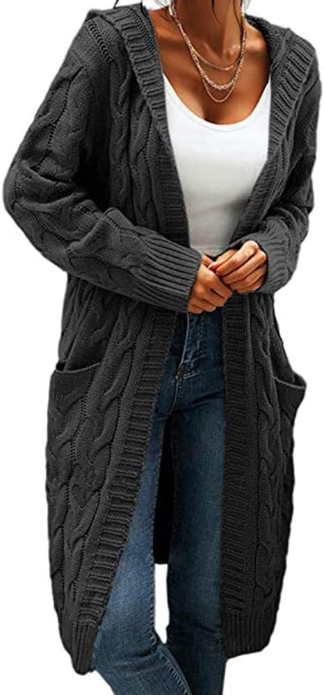 Women Hooded Open Front Cardigan Cable Knit Sweaters Solid Color Chunky Long Sweater Coats | Amazon (US)