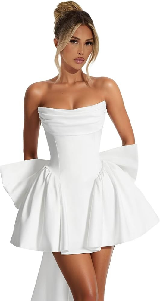 Strapless Homecoming Dresses with Bow Short Satin Prom Dress A Line Cocktail Party Gowns | Amazon (US)