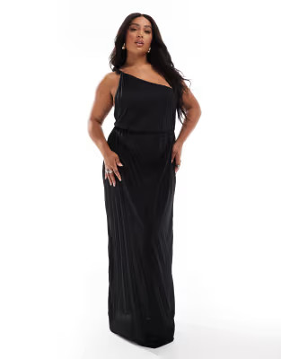ASOS DESIGN Curve twist one shoulder pleated maxi dress in black | ASOS (Global)