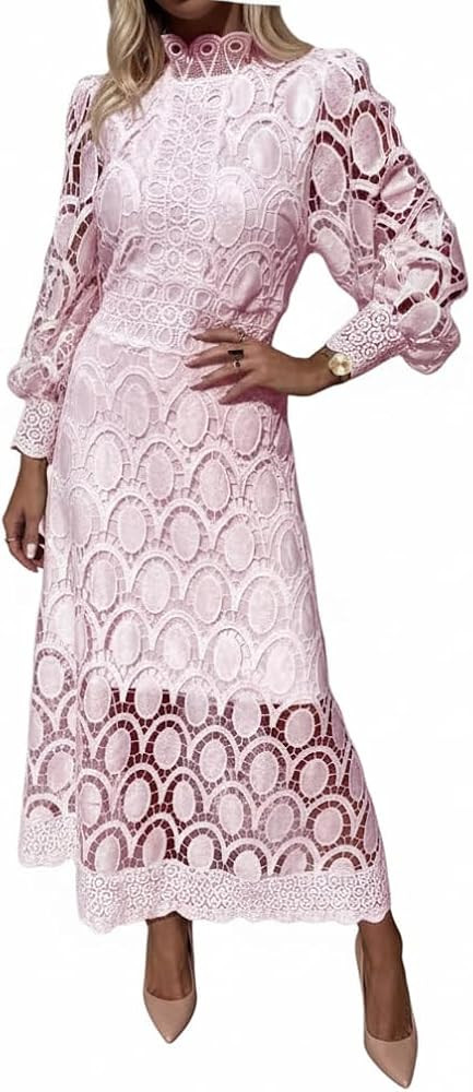 Women's Lace Maxi Dress - High Neck Puff Sleeve A-Line Cocktail Party Dress for Wedding Brunch | Amazon (US)
