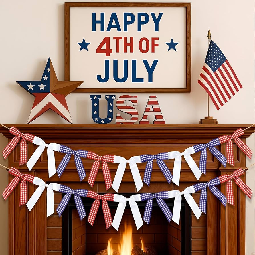 Riceshoot 2 Pcs 4th of July Bow Garland Banner, 6.6 ft Red White Blue Plaid Patriotic Bow Garland... | Amazon (US)