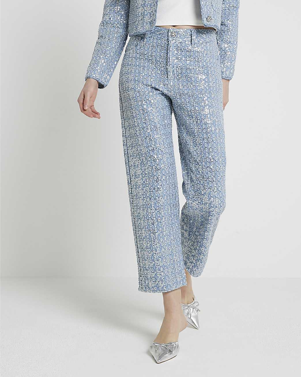 Blue sequin detail crop stove straight jeans | River Island (UK & IE)