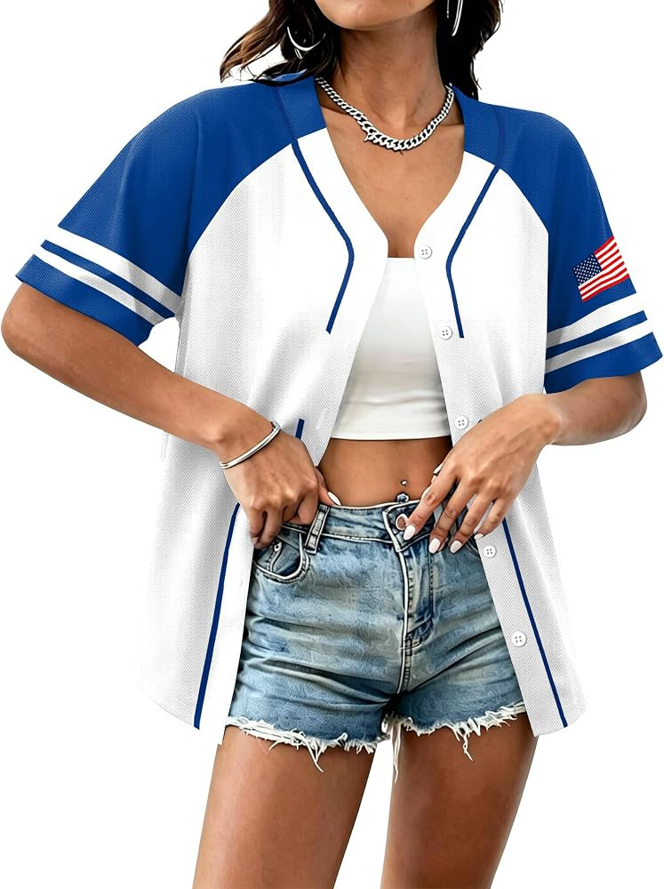 Baseball Jersey Women Game Day Fun Shirt Baseball Player Graphic T-Shirt Sport Season Team Button... | Amazon (US)
