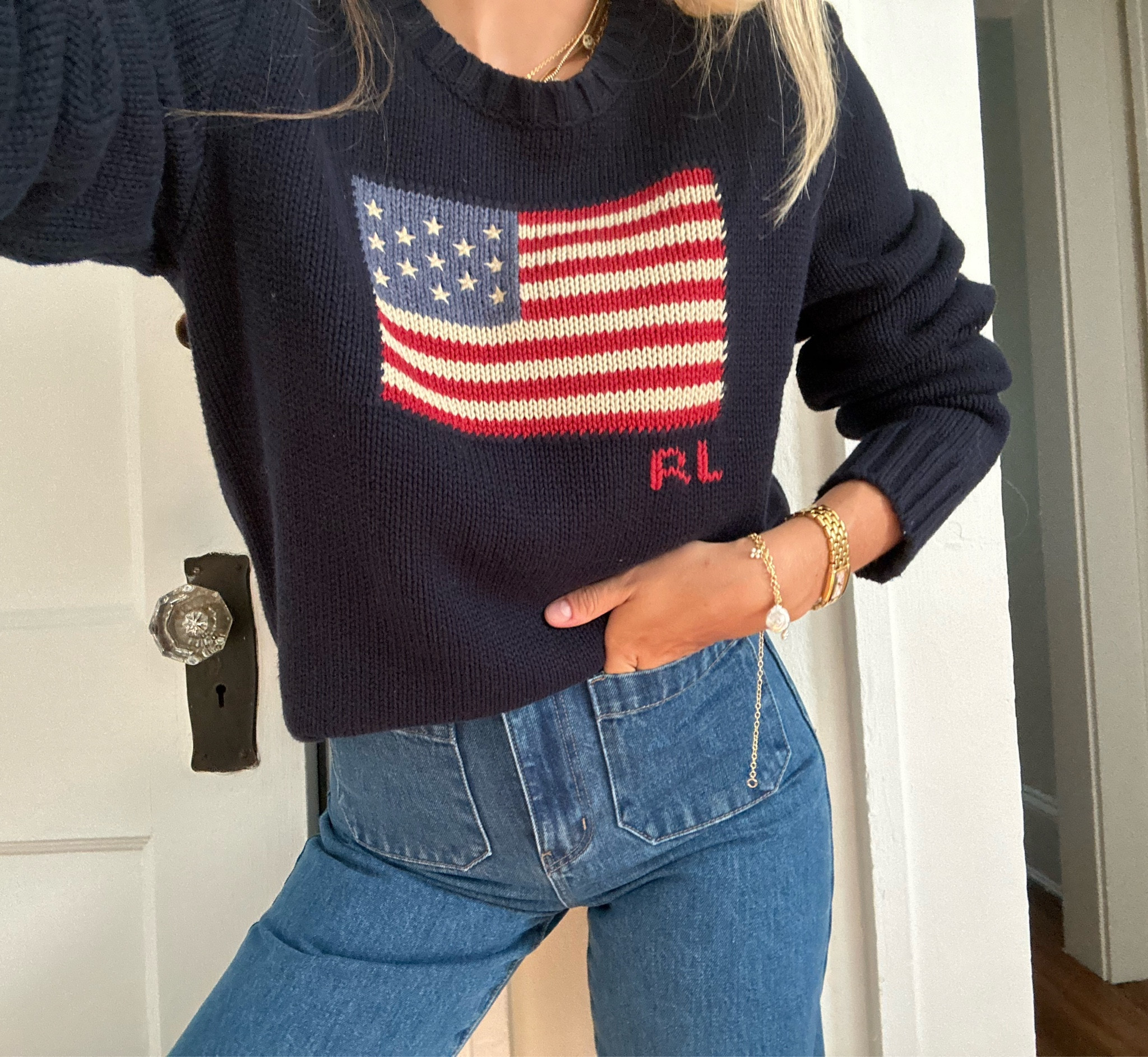 Navy blue American flag polo sweater