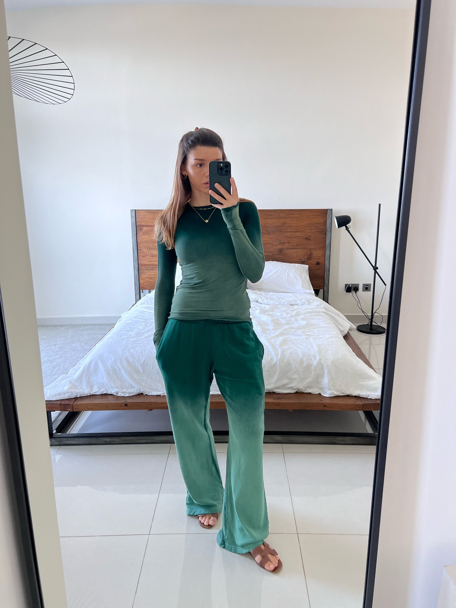Lounge set I am loving, green top and lounge pants, oran sandal, comfy outfit, sweatpants 