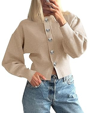 Saodimallsu Womens Button Up Cardigan Sweaters Fall Trendy Long Lantern Sleeve Knit Crew Neck Swe... | Amazon (US)
