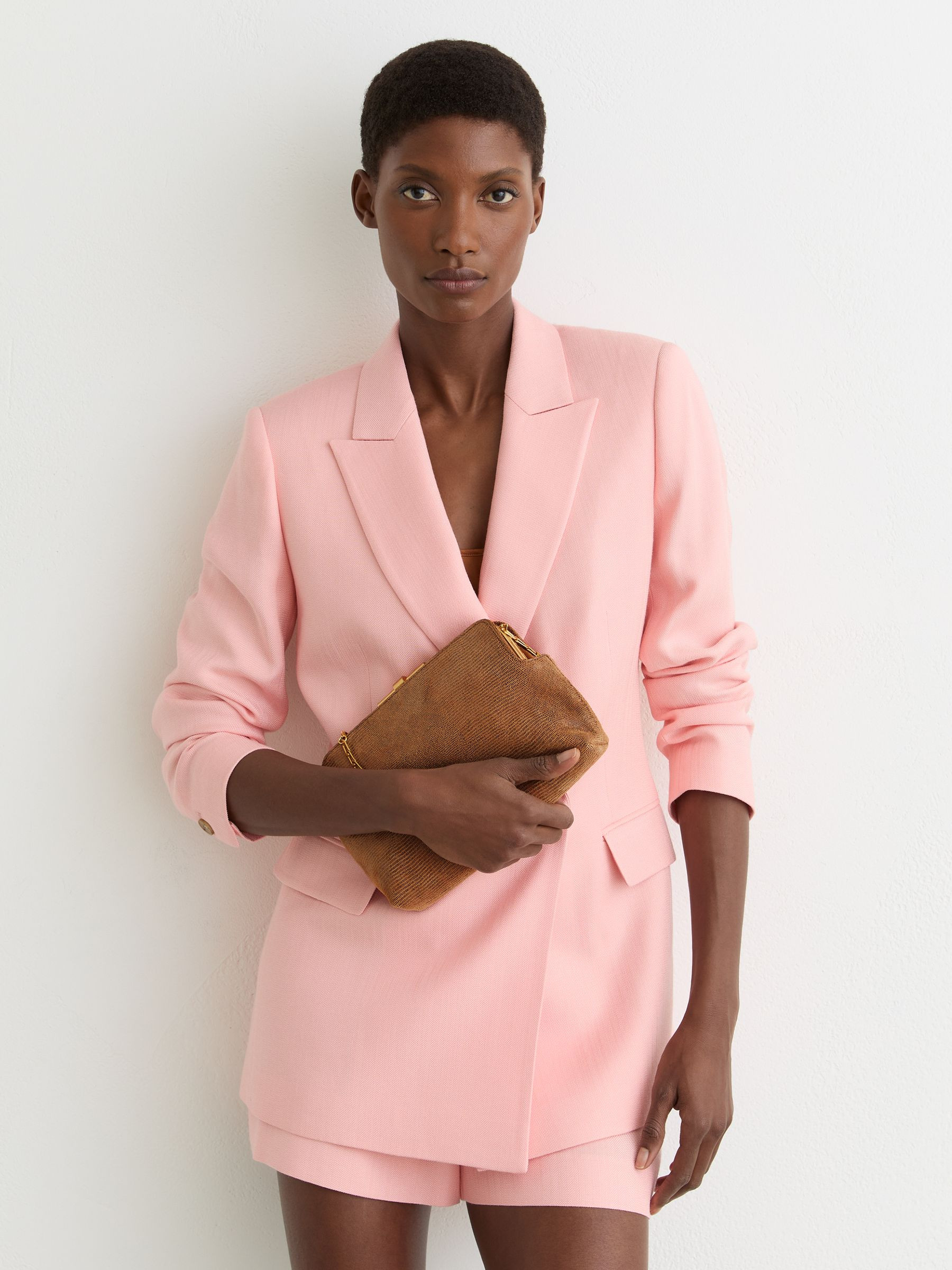 Reiss Suede Lizard-Effect Frame Clutch Bag in Tan - REISS | Reiss UK