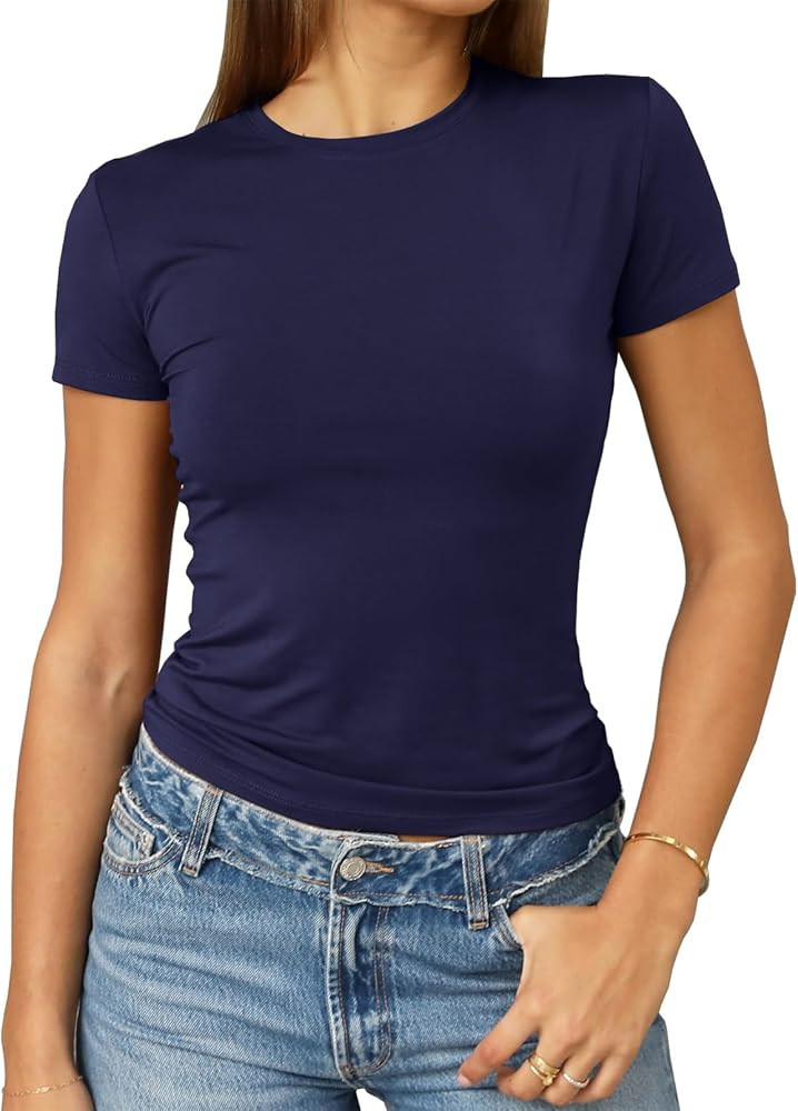 Abardsion Women's Casual Basic Going Out Crop Tops Slim Fit Short Sleeve Crew Neck Tight T Shirts... | Amazon (US)