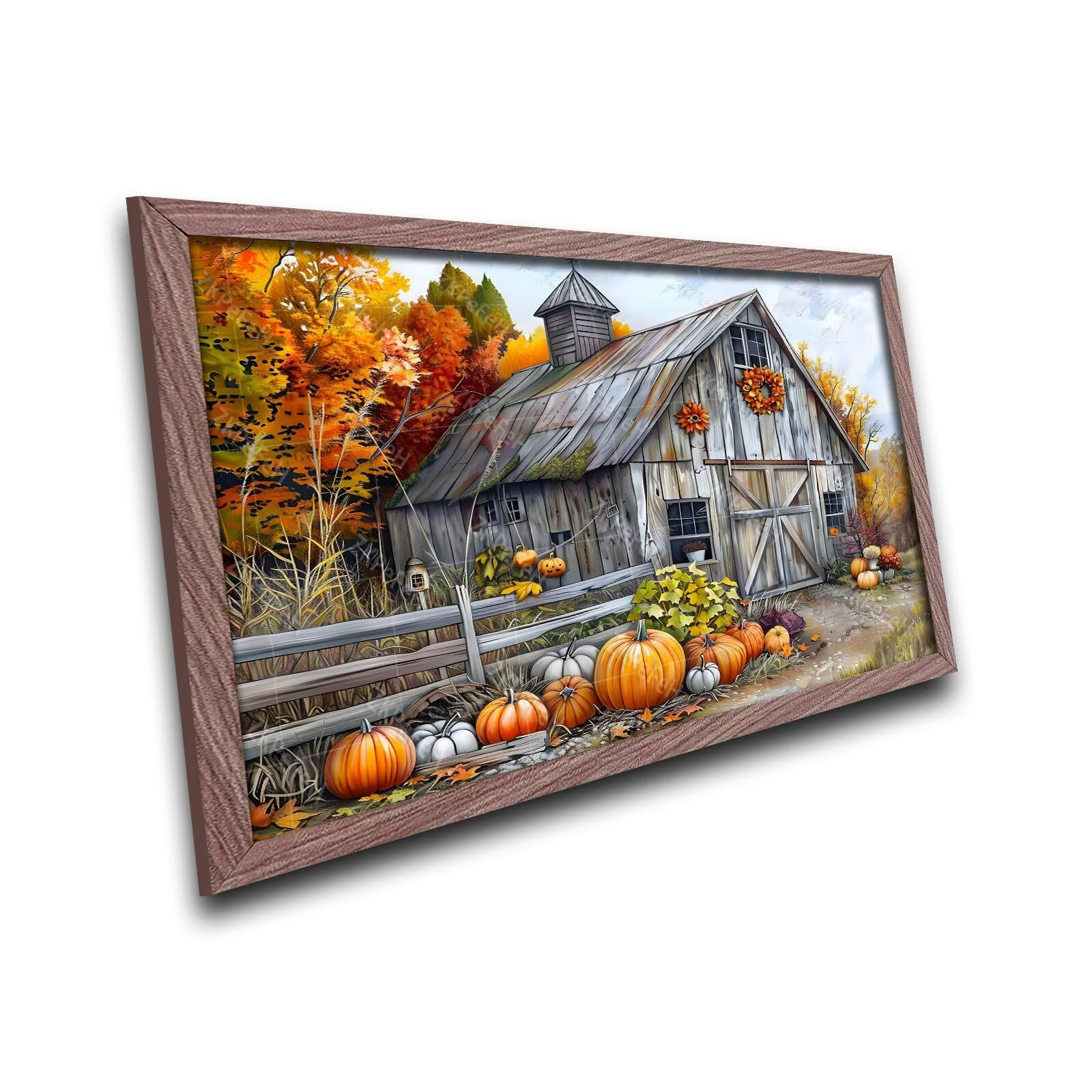 Fall Wall Art Pumpkin Fall Barn Scene Prints Wooden Framed Autumn Vintage Painting Harvest Farmho... | Amazon (US)