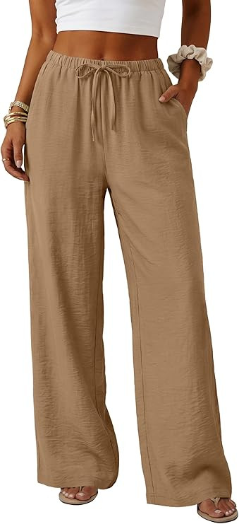 Lepunuo Wide Leg Palazzo Pants for Women Summer Flowy Drawstring Elastic Waist Trousers Loose Fit... | Amazon (US)
