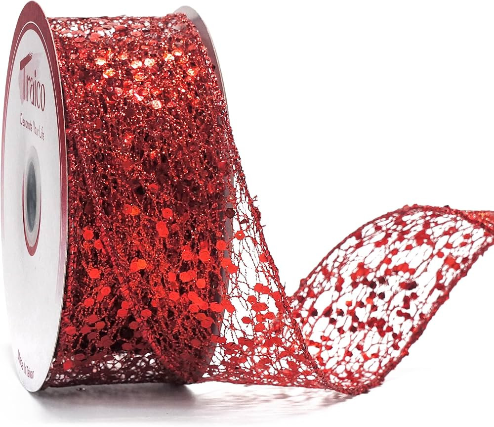 1.5" Red Sparkling Glitter Mesh Wired Ribbon 10 Yards for Christmas Wedding Wreath Gift Wrapping ... | Amazon (US)